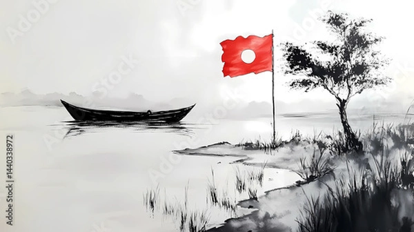 Fototapeta Landscape Lake view of Mountain, Tree, Grass, and Boat On the River. Black and White Ink Painting. Pencil Painting. Red Flag.