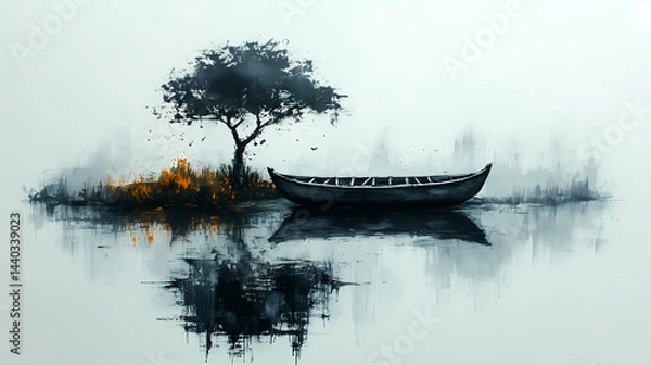 Fototapeta Landscape Lake view of Mountain, Tree, Grass, and Boat On the River. Black and White Ink Painting. Pencil Painting
