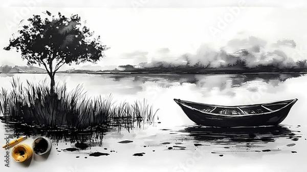 Fototapeta Landscape Lake view of Mountain, Tree, Grass, and Boat On the River. Black and White Ink Painting. Pencil Painting