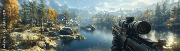 Fototapeta A detailed HUD display featuring health, ammunition, and a minimap in the corner for enhanced visual gaming experience.