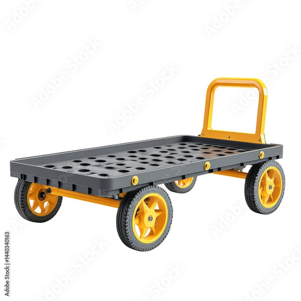 Obraz A grey and yellow cart with a yellow handle. The cart is empty. The cart is on a white background