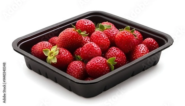Fototapeta Fresh, ripe strawberries in a dark plastic container, isolated on white
