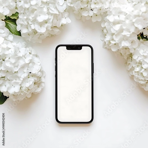 Fototapeta White Hydrangeas Frame Smartphone. (2)