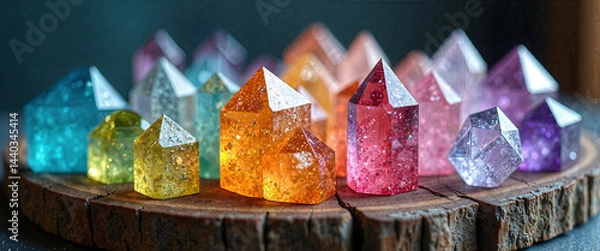 Obraz Colorful Resin Crystal Points Cluster on Wooden Slice Spiritual Mystical Healing Energy Gems