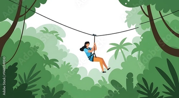 Obraz Woman Zip Lining Through Jungle Adventure Illustration