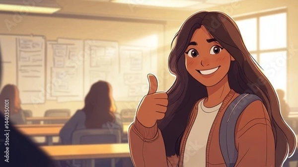 Fototapeta Student, A girl is smiling and giving a thumbs up in a classroom