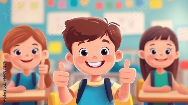Fototapeta Student, A cartoon of three children in a classroom, one of whom is giving a thumbs up