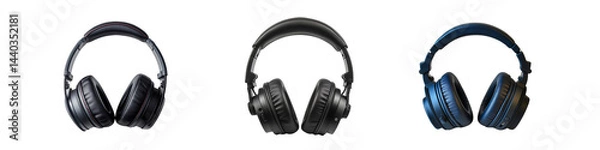 Fototapeta A collection of three pairs of stylish over-ear headphones isolated on a transparent background.