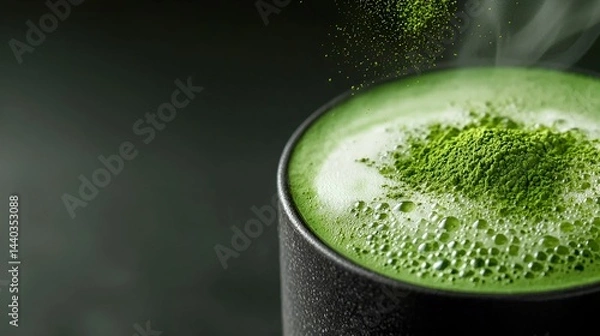 Fototapeta A close-up of a frothy green beverage topped with powder, showcasing a rich texture and vibrant color against a dark background.