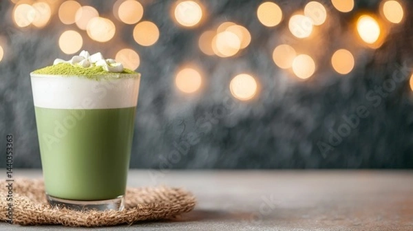 Fototapeta A vibrant green drink topped with whipped cream and marshmallows sits on a textured surface, illuminated by warm, glowing bokeh lights in the background.