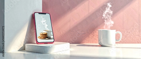 Obraz Smartphone Displaying Coffee Cookies and Steam Cozy Breakfast Scene
