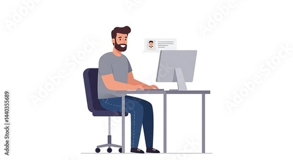 Fototapeta Man Using Computer at Desk with Message Bubble Illustration