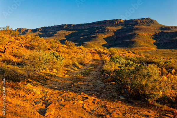 Obraz Rough gravel track with long shadows at sunset