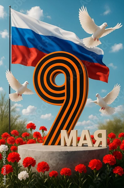 Fototapeta vertical template for Victory Day, number 9 on a stone podium among carnations