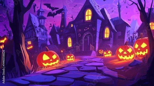 Obraz Halloween night scene with spooky houses, bats, and glowing jack o' lanterns. Festive, scary, and fun Halloween illustration.