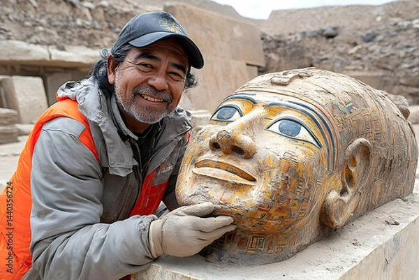 Obraz Archaeologist examines ancient egyptian statue head
