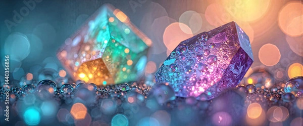 Obraz Sparkling Gemstones with Water Droplets Vibrant Colors Bokeh Background