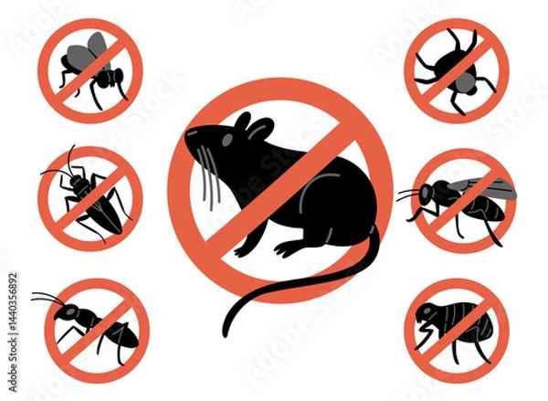 Fototapeta Prohibition sign against insects. Pests extermination. Harmful animals. Cockroaches repellent. Stop flies or mites. Wasps and mice forbidden pictogram. Crossed circle icons vector set