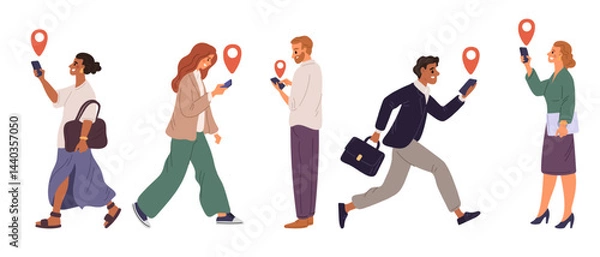 Fototapeta People use mobile navigators to find where they want. Walking man and woman. Traffic pin. GPS navigation. Persons with smartphone. Location icon. Search path. Vector pedestrians set