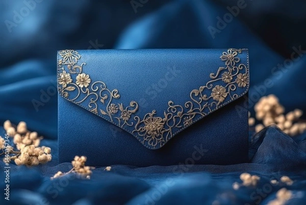 Fototapeta Elegant blue envelope with gold floral embroidery displayed on luxurious blue fabric backdrop