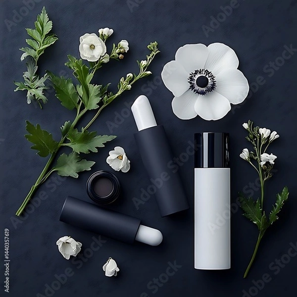 Obraz Cosmetics with Flowers, and Dark Background.