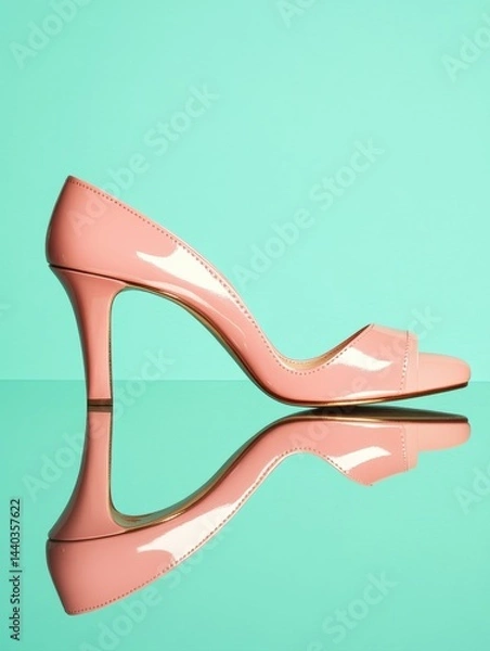 Obraz A stylish pink high heel shoe rests elegantly on a reflective surface against a vibrant teal background, ideal for fashion marketing, online retail, or stylish blog content,