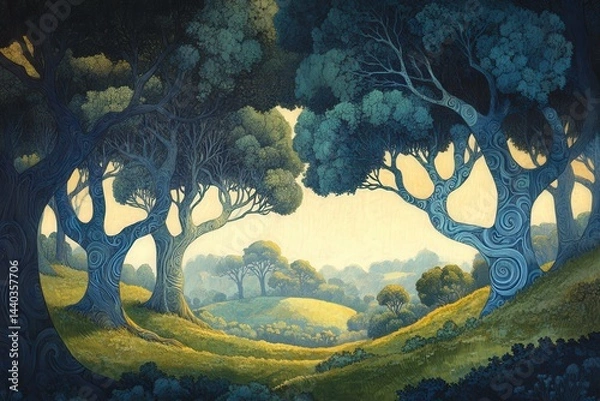 Fototapeta Dreamy forest landscape with swirling trees under soft sunlight in a serene valley