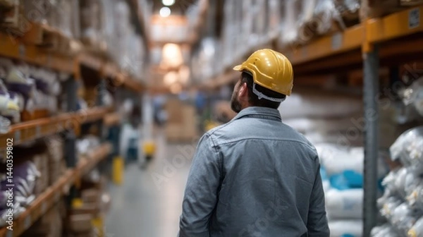 Obraz Warehouse worker in hard hat organizing stock, focused on tasks in large storage area filled with various materials. atmosphere is industrious and efficient