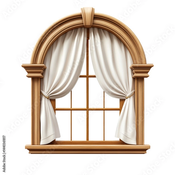 Obraz A window with white curtains and wooden frame. The curtains are drawn, and the window is open. The scene is peaceful and serene, with the sunlight streaming in through the window