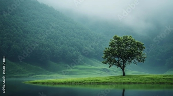 Fototapeta A tree stands alone on the grassy green hills, overlooking an emerald lake with mist rising from its surface