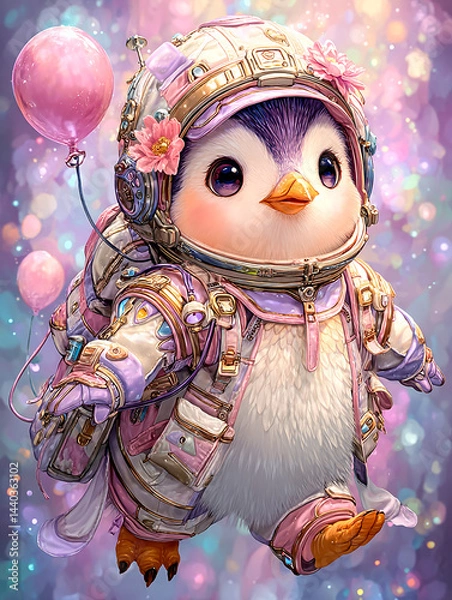 Fototapeta Astronaut Penguin.  Generated image.  A cute penguin dressed in an astronaut suit is adorned with pink and floral accessories, holding a pink balloon.