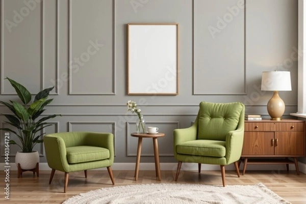 Fototapeta Cozy Living Room with Green Chairs and Minimalist Decor