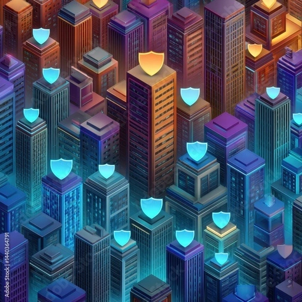 Fototapeta Isometric cyber cityscape protected by digital shields concept