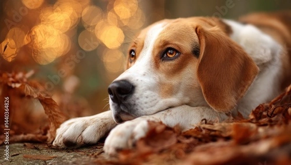 Fototapeta Beagle rests in fallen leaves, gazing intently, autumn forest, blurred background
