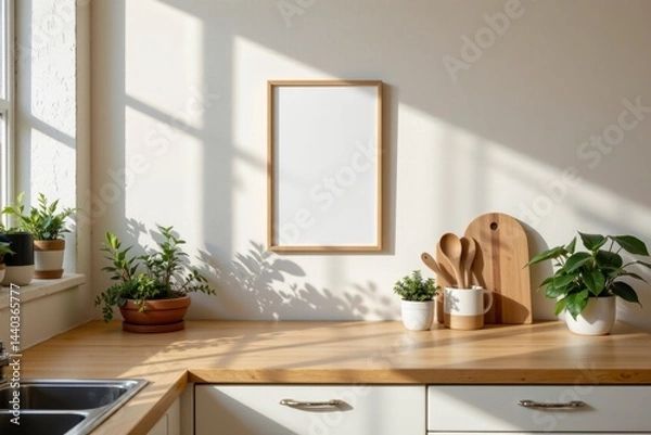 Fototapeta Bright and Minimalist Kitchen with Frame and Plants in Sunlight