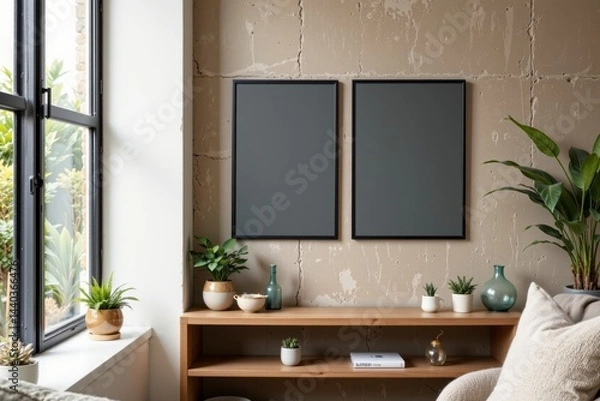 Fototapeta Modern Minimalist Living Room with Blank Frames and Indoor Plants
