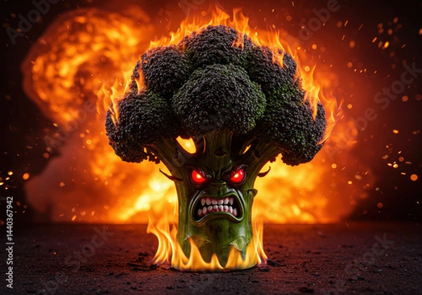 Obraz Burning toasted Broccoli character on fire with burning rage - isolated background