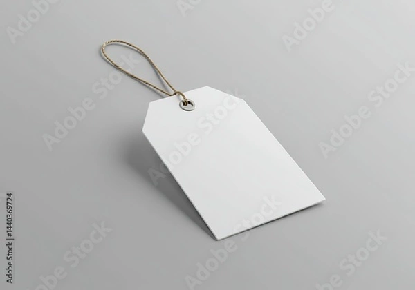 Fototapeta White Rectangular Tag Mockup with Brown Cord and Metal Grommet on Gray Background