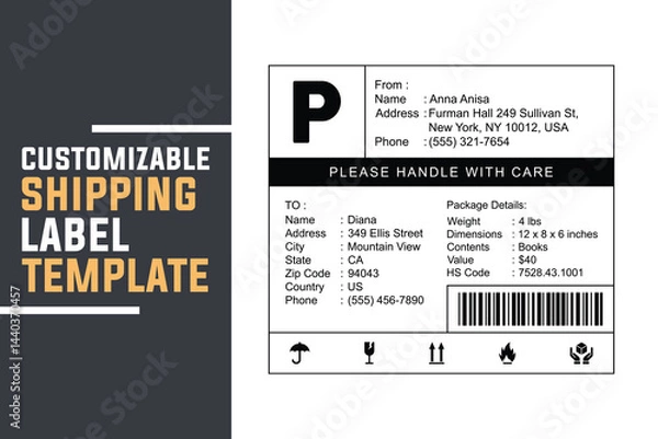 Fototapeta Customizable Shipping Label Template. Editable Delivery Label for Packages, E-commerce, and Logistics