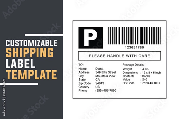 Fototapeta Customizable Shipping Label Template. Editable Parcel Delivery Form for Packages, Logistics, Courier, and E-commerce Shipments. Printable Shipping Tag Design