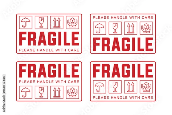Obraz Fragile Shipping Label Sticker Set. Handle With Care Warning Signs for Package Safety and Logistics