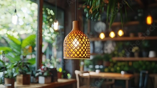 Fototapeta Rustic cafe pendant light, warm ambiance