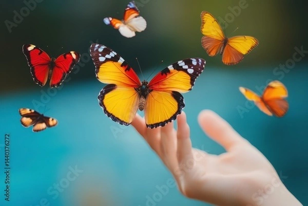 Fototapeta Colorful butterflies surround a hand reaching out in a tranquil outdoor setting during a sunny day
