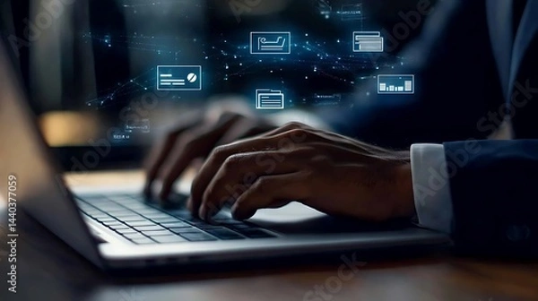 Fototapeta A close-up of a businessman's hand using a laptop, with floating icons for documents, loans, and contracts, representing the digital case study process