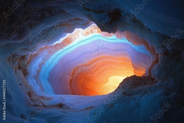 Fototapeta Stunning view of colorful mineral formations inside a cave during twilight hours