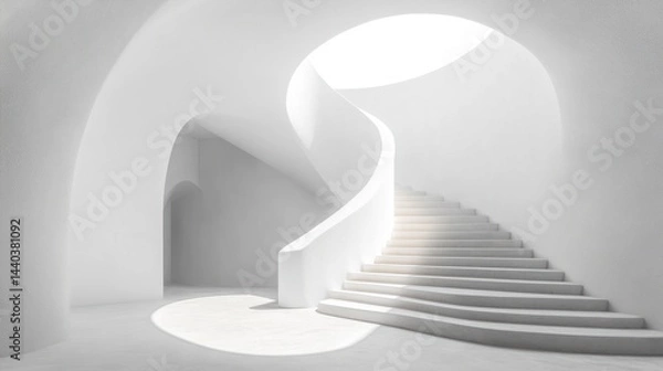 Fototapeta Modern, minimalist white spiral staircase in a spacious, light-filled interior