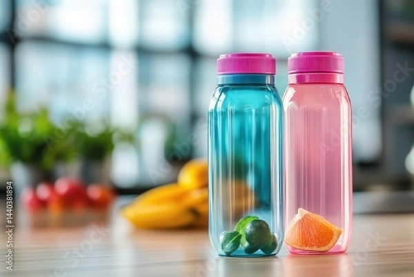 Fototapeta Colorful fruit-infused water bottles sit on a wooden table in a bright kitchen with fresh produce in the background