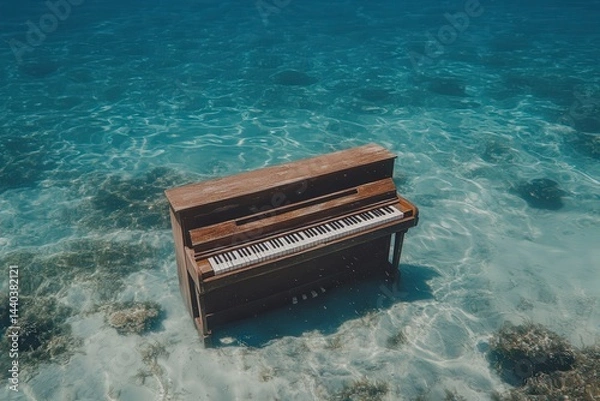 Fototapeta Piano submerged in clear ocean water surrounded by coral and sea life