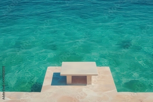 Fototapeta Clear turquoise water surrounds a modern stone table on a patio at a sunny coastal location