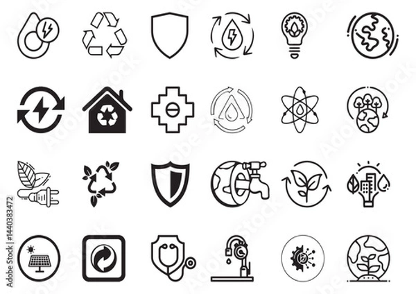 Fototapeta Set of 24 outline ecology and environment, recycling, nature protection, renewable energy and sustainable technology Vector illustration and with recycling editable vector isolated